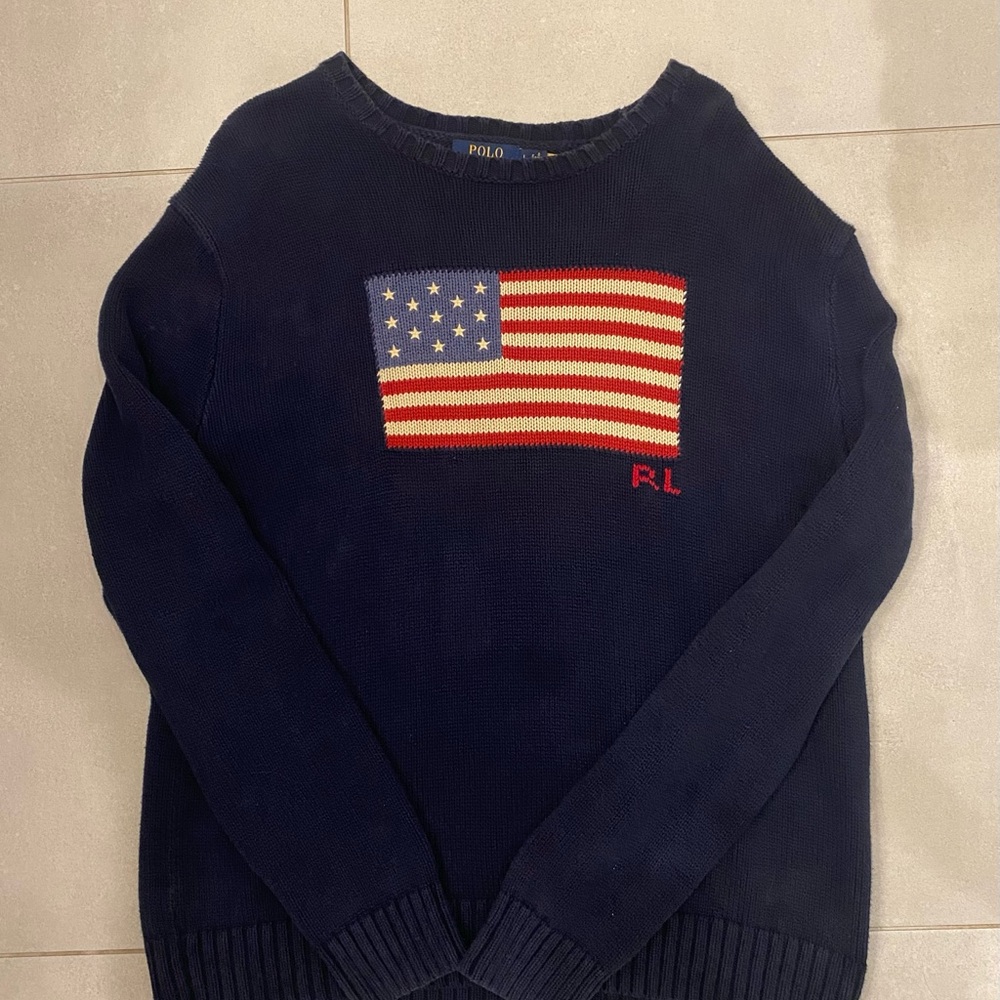 Polo by Ralph Lauren Blue Crewneck Sweater with American Flag